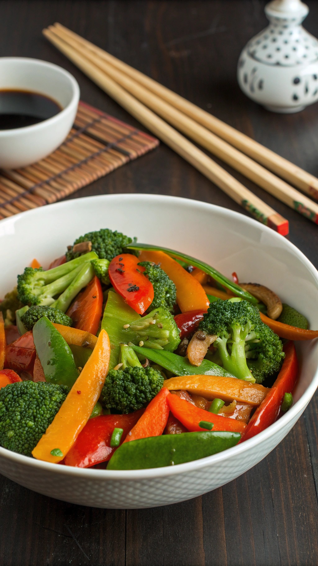A colorful bowl of hearty vegetable stir-fry with broccoli, bell peppers, and snap peas.