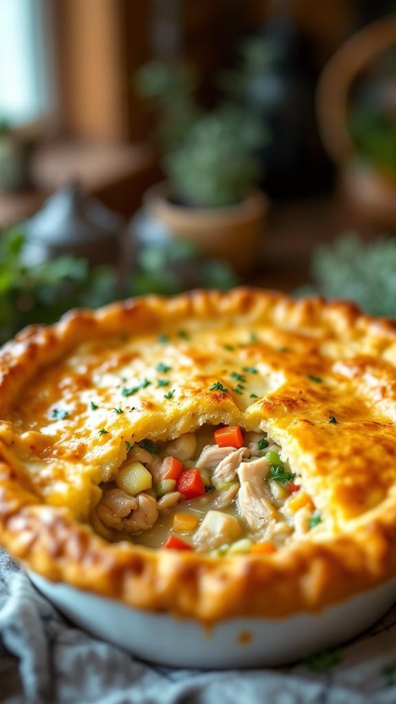 A hearty chicken pot pie with a golden crust and colorful vegetable filling.