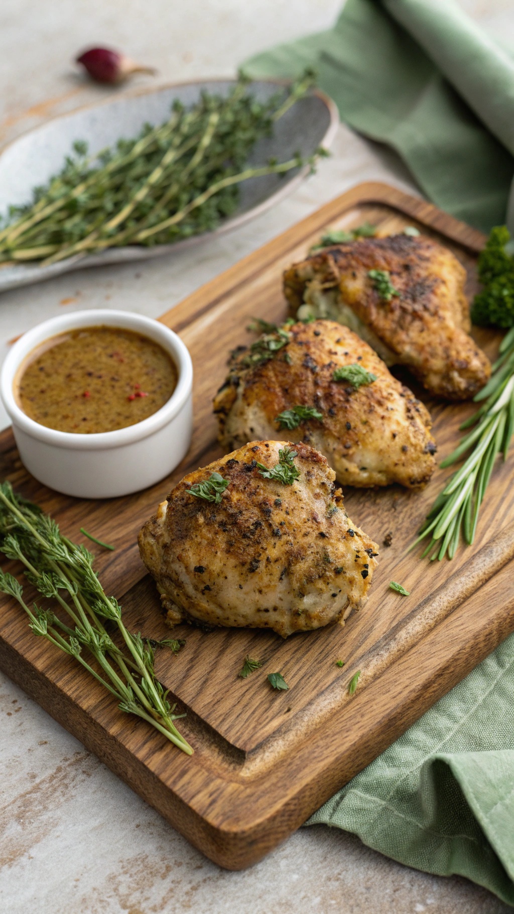 Herb-crusted baked chicken thighs on a wooden board with fresh herbs and a dipping sauce.