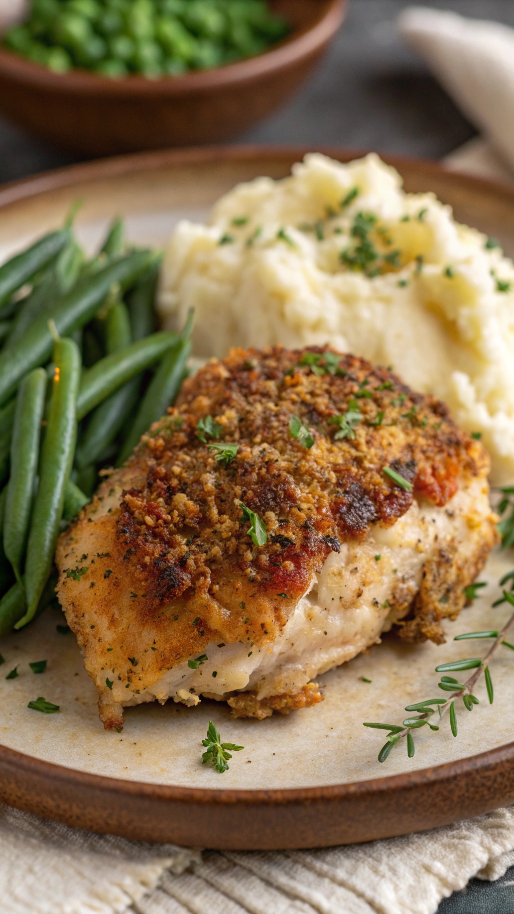Herb-crusted chicken thighs served with green beans and mashed potatoes