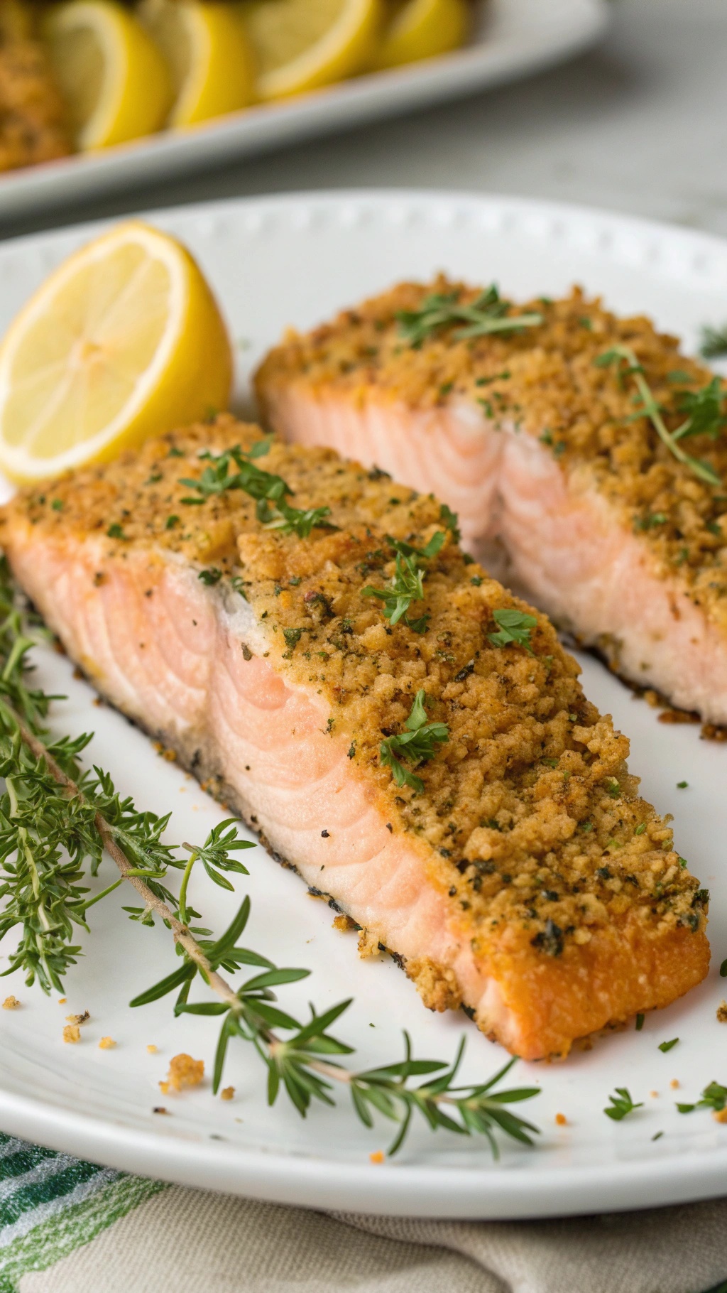 Two herb-crusted salmon fillets garnished with lemon slices and fresh herbs on a white plate.