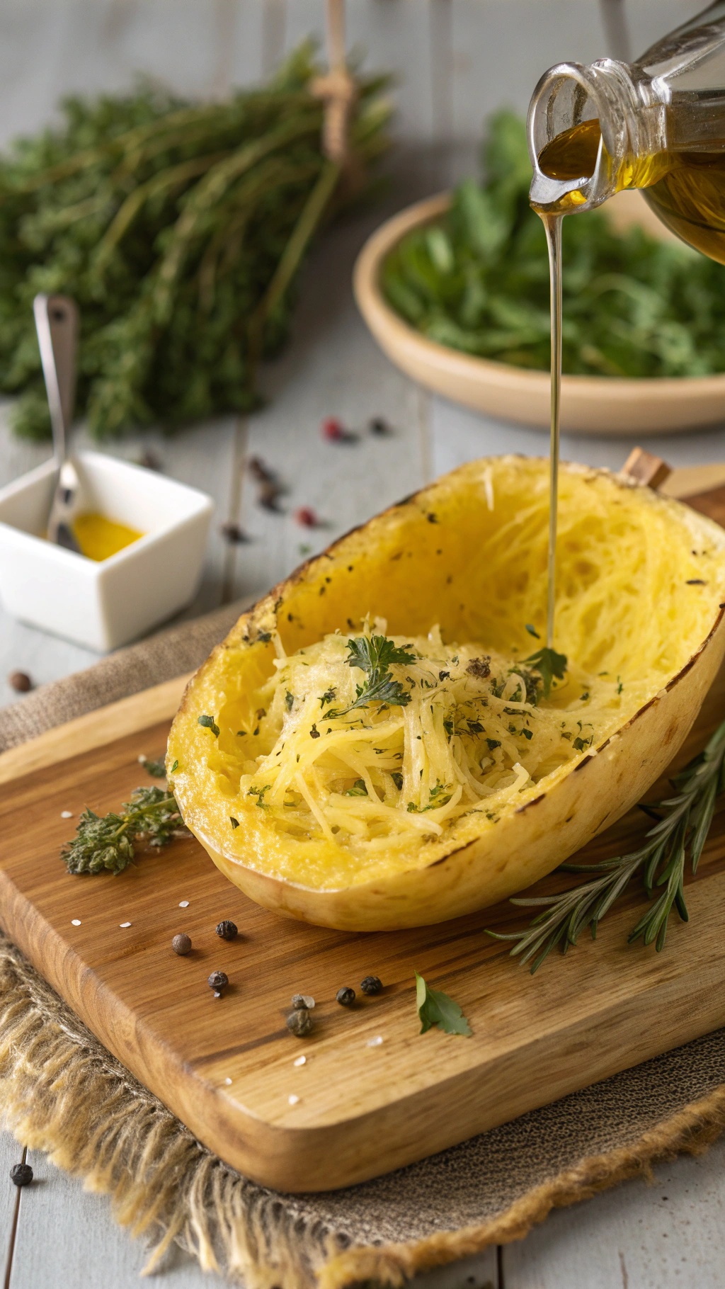 A roasted spaghetti squash drizzled with olive oil and herbs on a wooden cutting board.