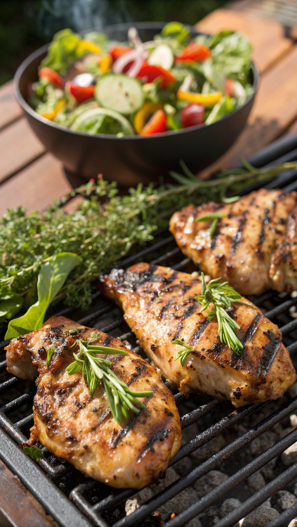 Grilled chicken thighs with herbs on a grill, accompanied by a fresh salad.