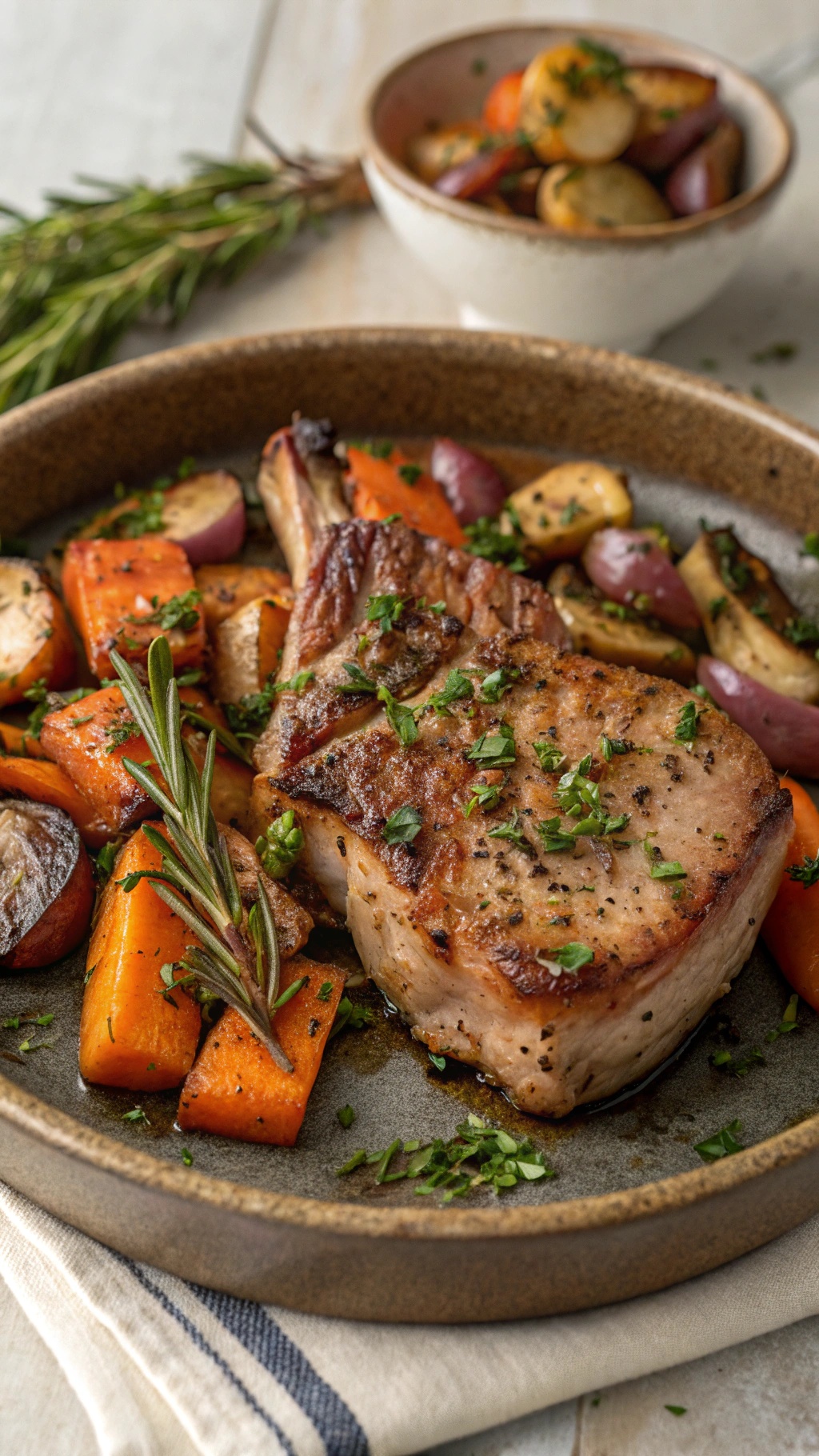 Herb-roasted pork chops served with colorful roasted vegetables on a plate.
