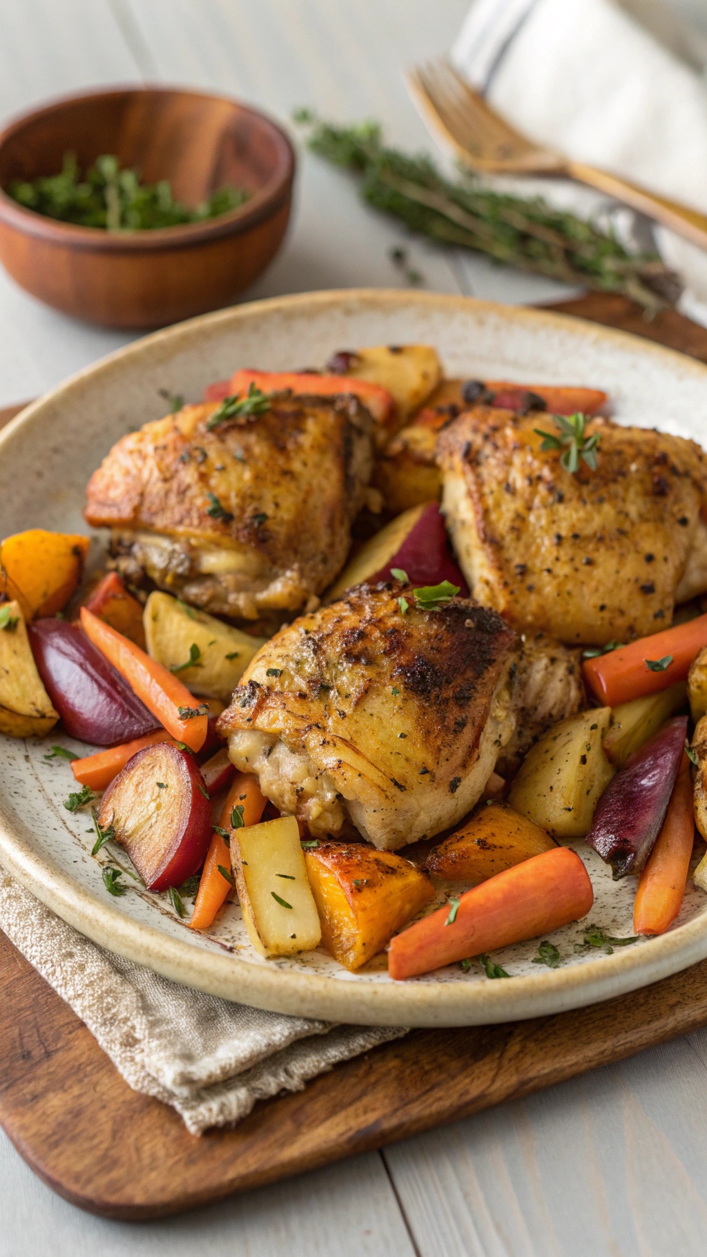 Herb and mustard roasted chicken thighs served with colorful root vegetables.
