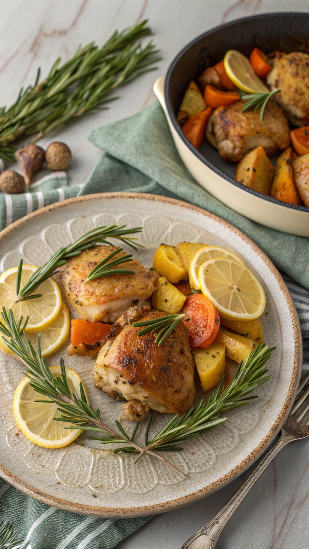Plate of rosemary lemon chicken thighs with vegetables and lemon slices