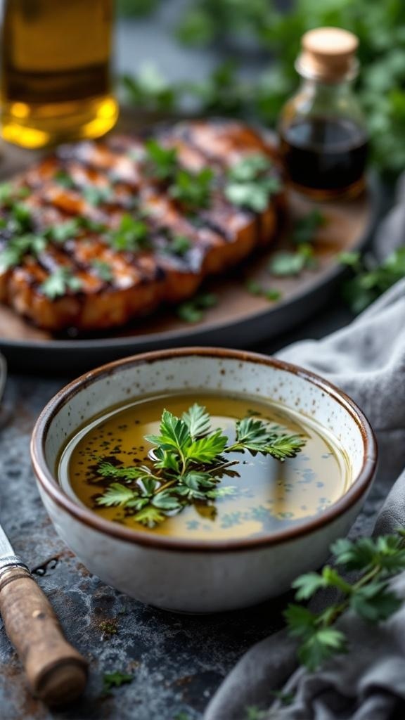 A bowl of herbaceous Italian marinade with fresh herbs, olive oil, and balsamic vinegar, alongside a grilled steak.