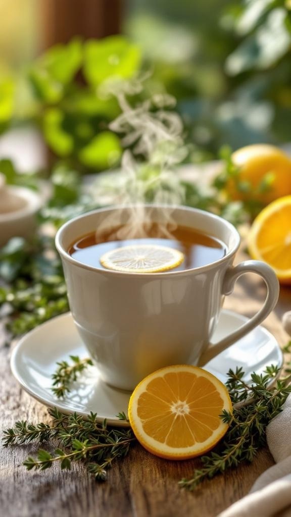A steaming cup of herbal lemon thyme tea with a slice of lemon and fresh thyme, surrounded by lemons and greenery.