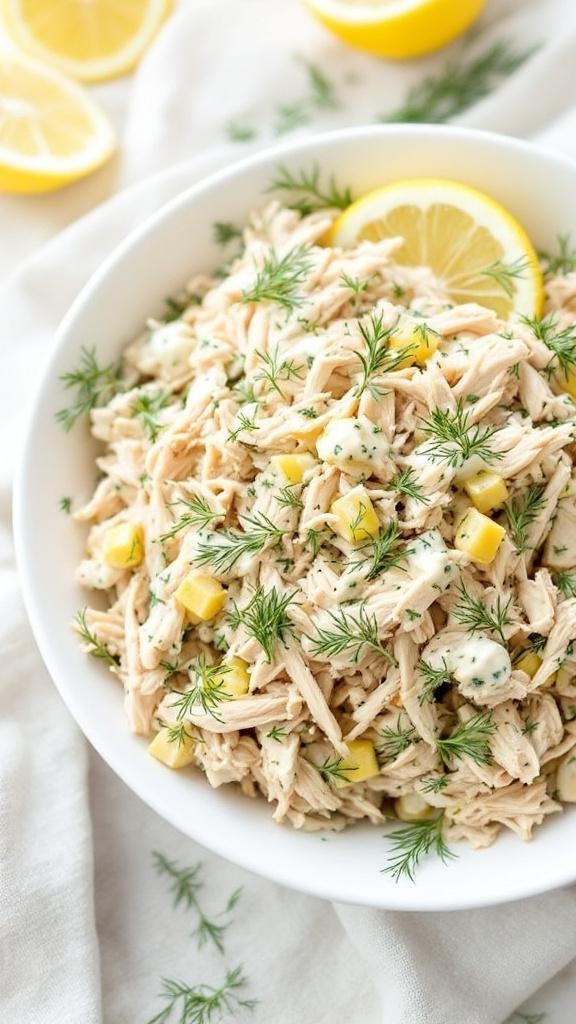 A bowl of herbed chicken salad with dill and lemon, garnished with fresh dill and lemon slices.