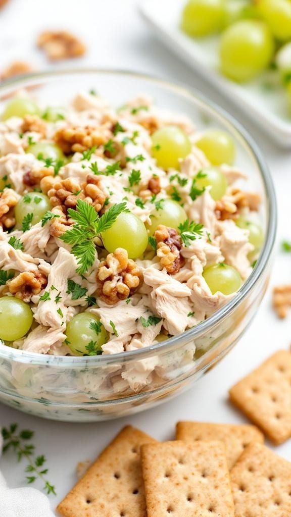 A bowl of herbed chicken salad with grapes, topped with walnuts and parsley, accompanied by crackers.