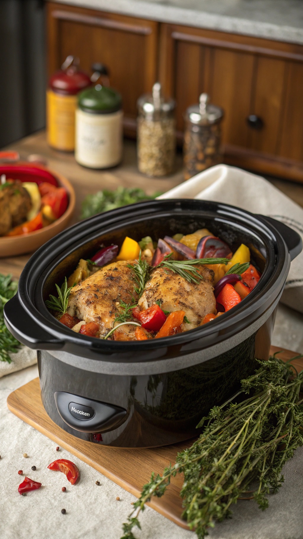 Crockpot with herbed chicken and colorful vegetables