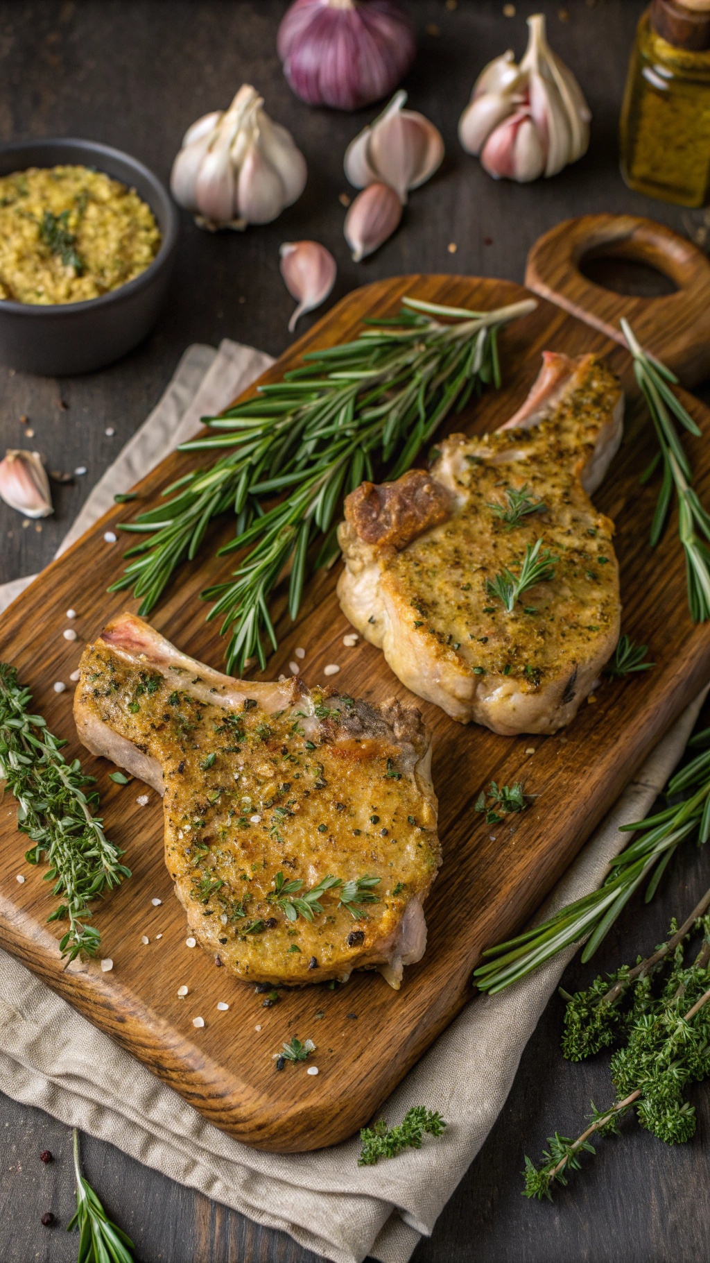 Two herbed Dijon pork chops on a wooden cutting board with garlic and herbs