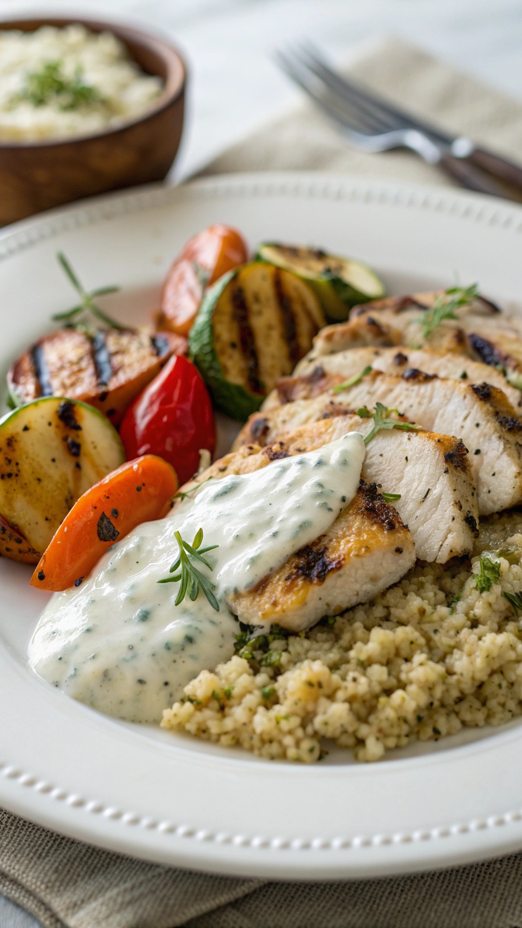 A plate of Herbed Greek Yogurt Chicken served with grilled vegetables and couscous.