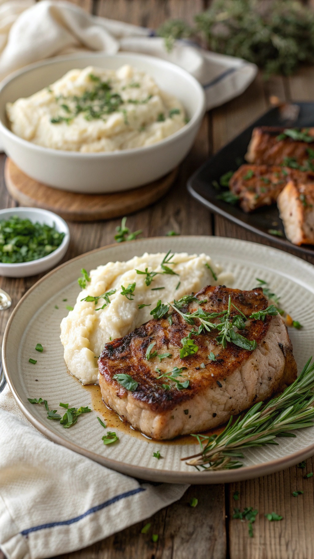Herbed pork chops with cauliflower mash, garnished with fresh herbs on a plate.