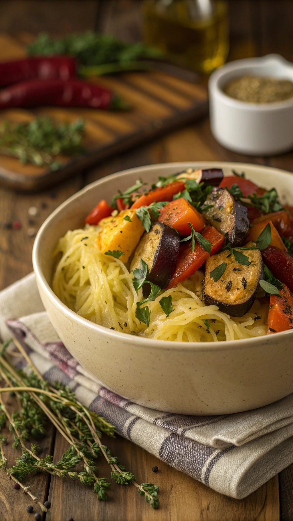 A bowl of herbed spaghetti squash topped with roasted vegetables and fresh herbs.