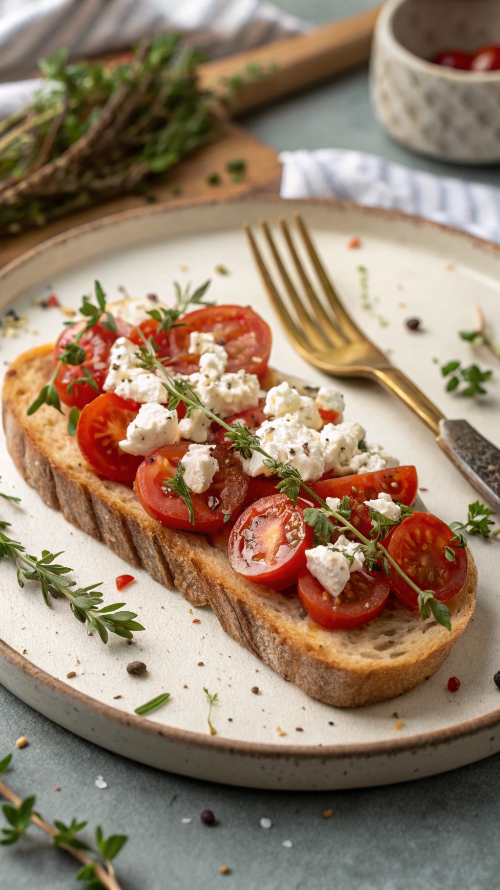 Herbed Tomato and Feta Toast on a plate with fresh herbs