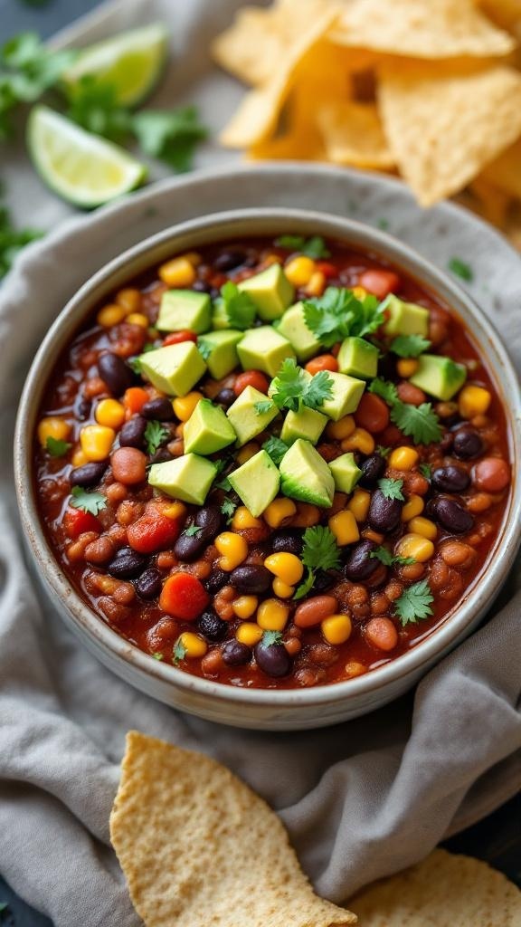 A bowl of colorful high-protein vegan chili topped with avocado and cilantro, served with tortilla chips.
