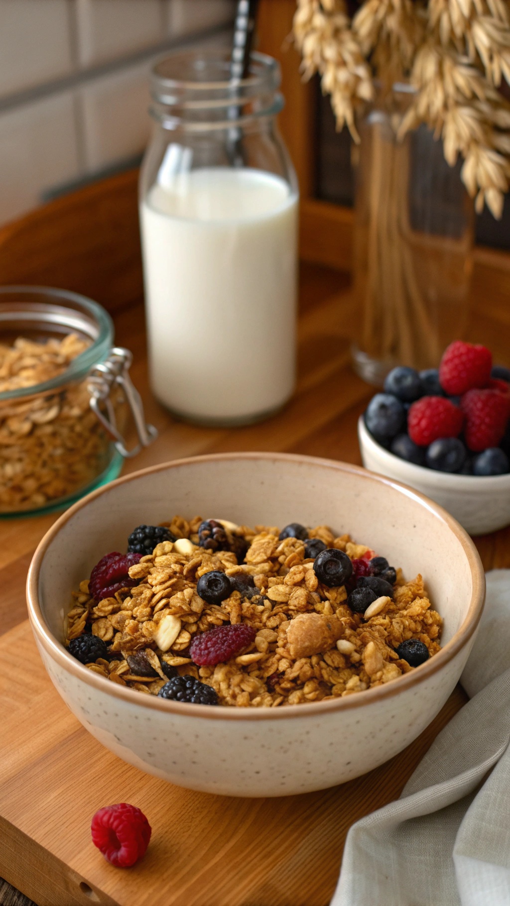 A bowl of homemade granola with berries, a glass of milk, and a jar of granola in the background.