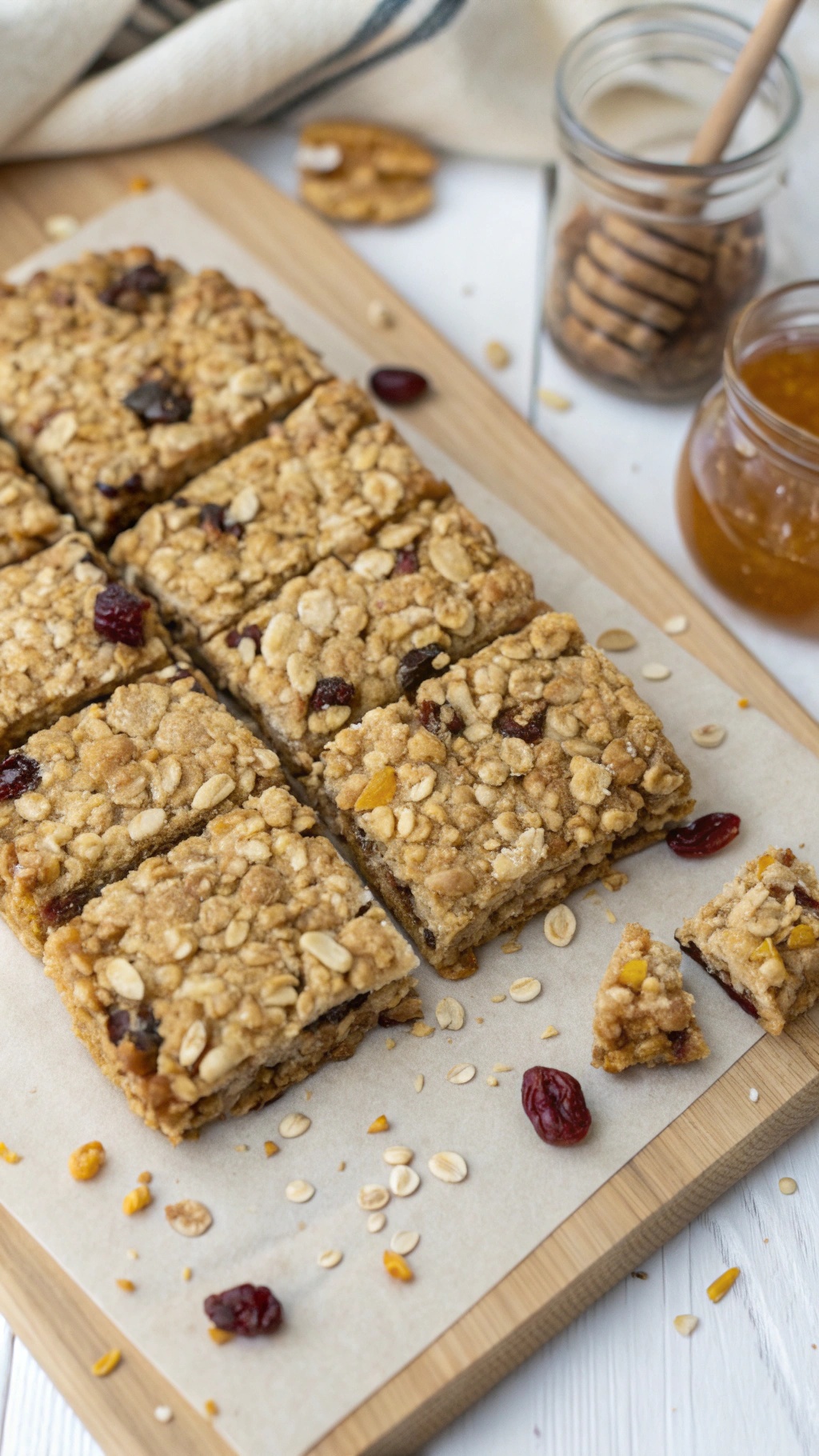 Homemade granola bars on a wooden cutting board with honey and nuts in the background.