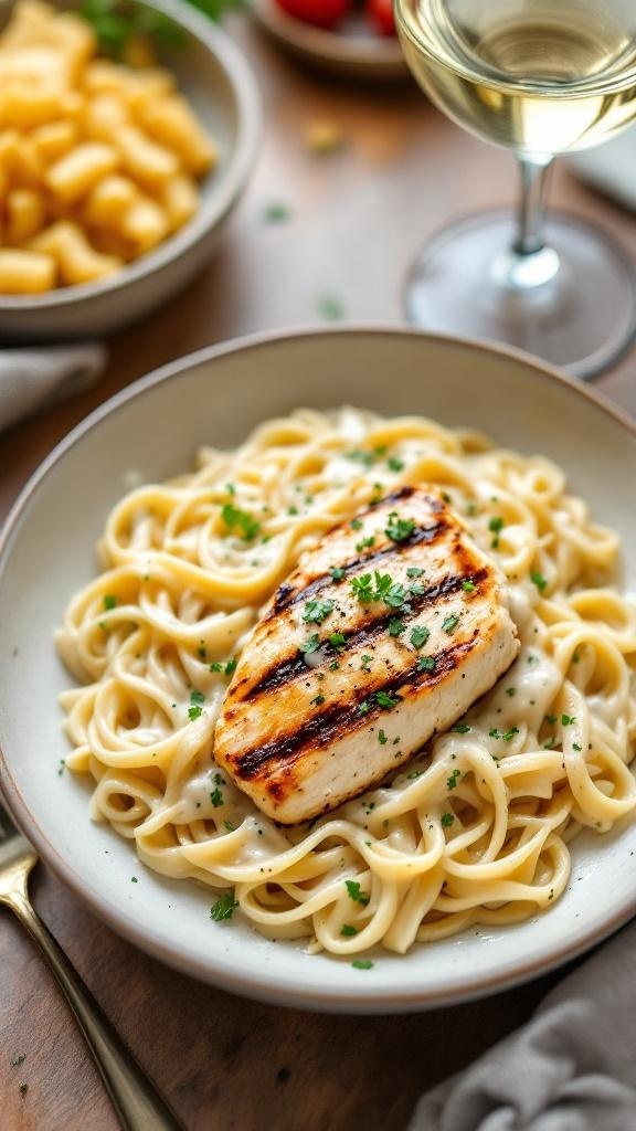A bowl of lighter chicken alfredo with fettuccine, grilled chicken, and parsley.