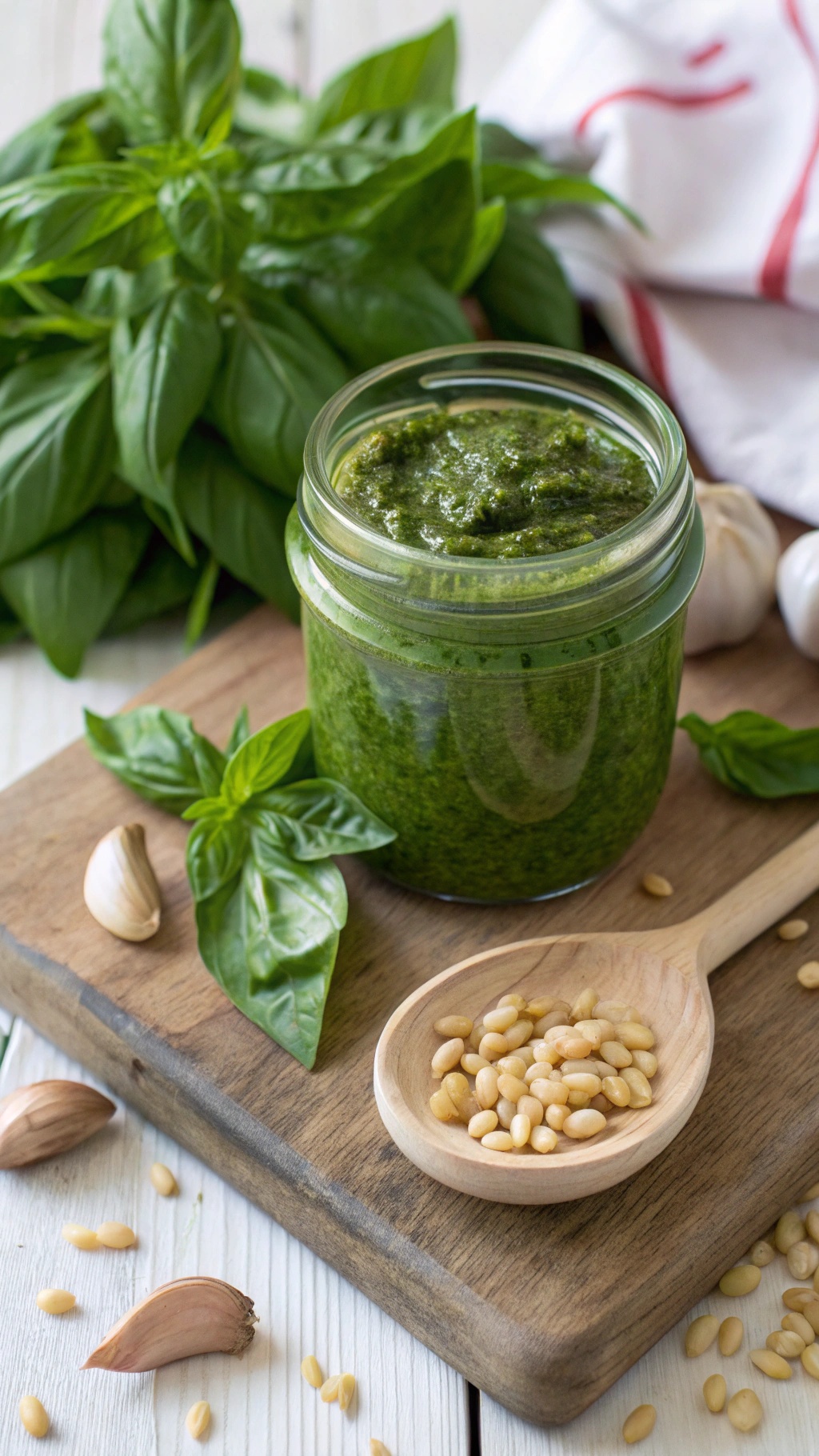 A jar of homemade pesto sauce with basil leaves, garlic cloves, and pine nuts on a wooden surface.