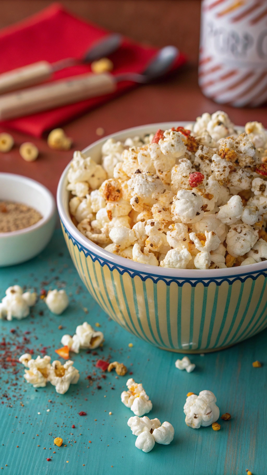 A bowl of homemade popcorn with spices, ready for a road trip snack.