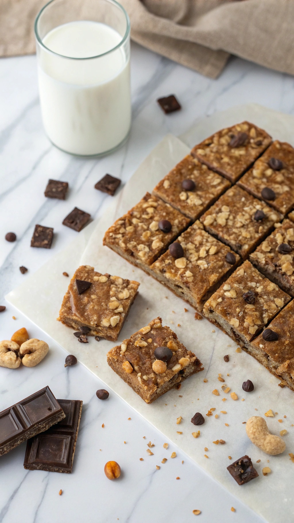 Homemade protein bars with chocolate chips and nuts, served with a glass of milk.