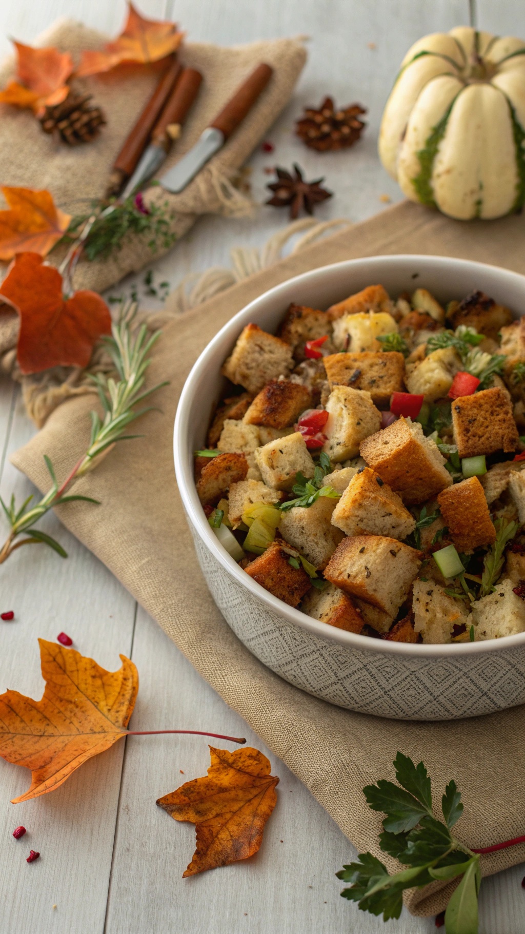 A bowl of homemade vegan stuffing with sage and thyme, surrounded by autumn leaves and rustic decor.
