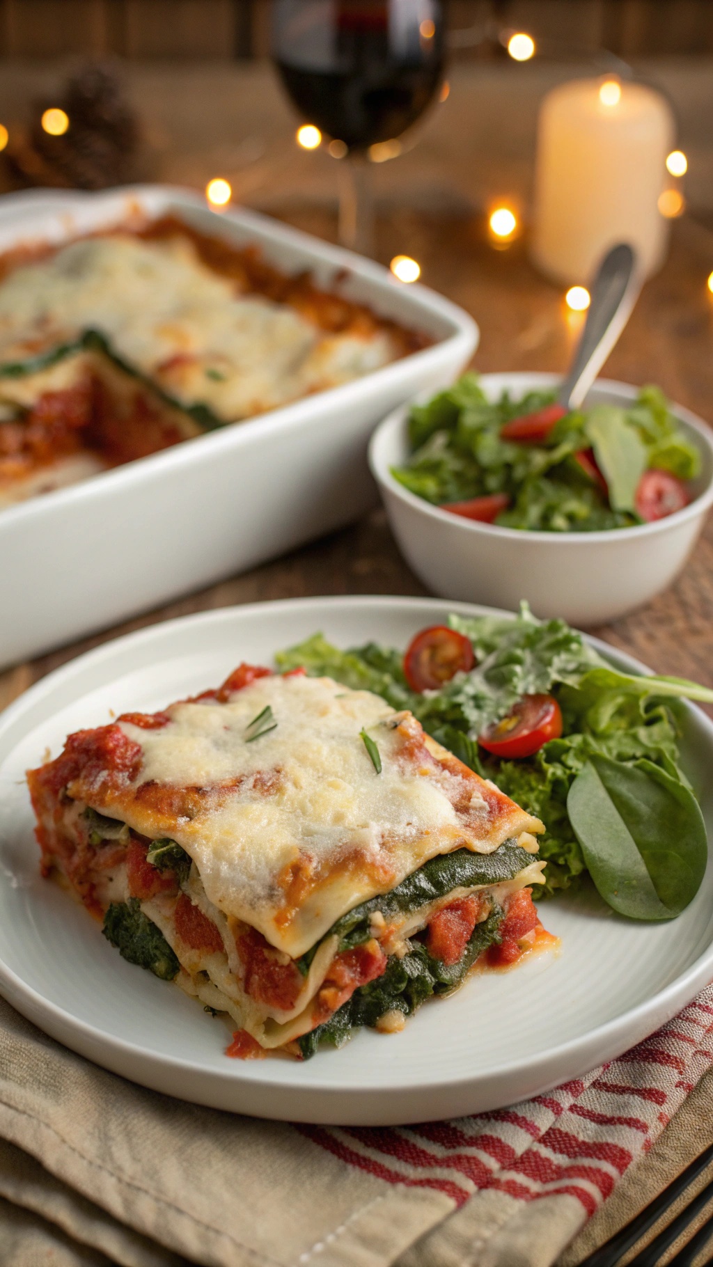 A slice of homemade vegetable lasagna on a plate with a side salad, showcasing layers of pasta, ricotta, and vegetables.