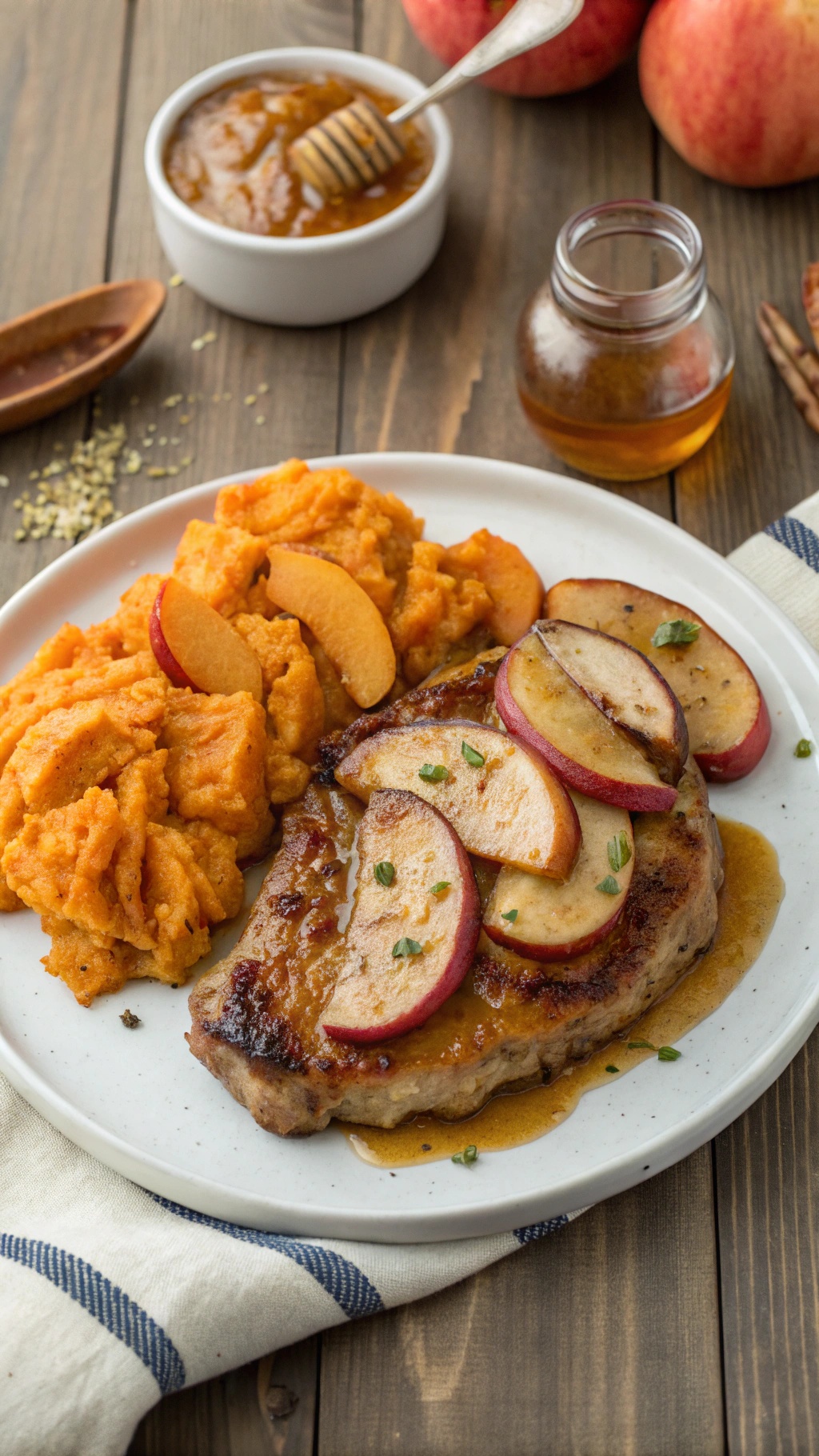 Honey-Mustard Glazed Pork Chops with Apples served with sweet potato mash