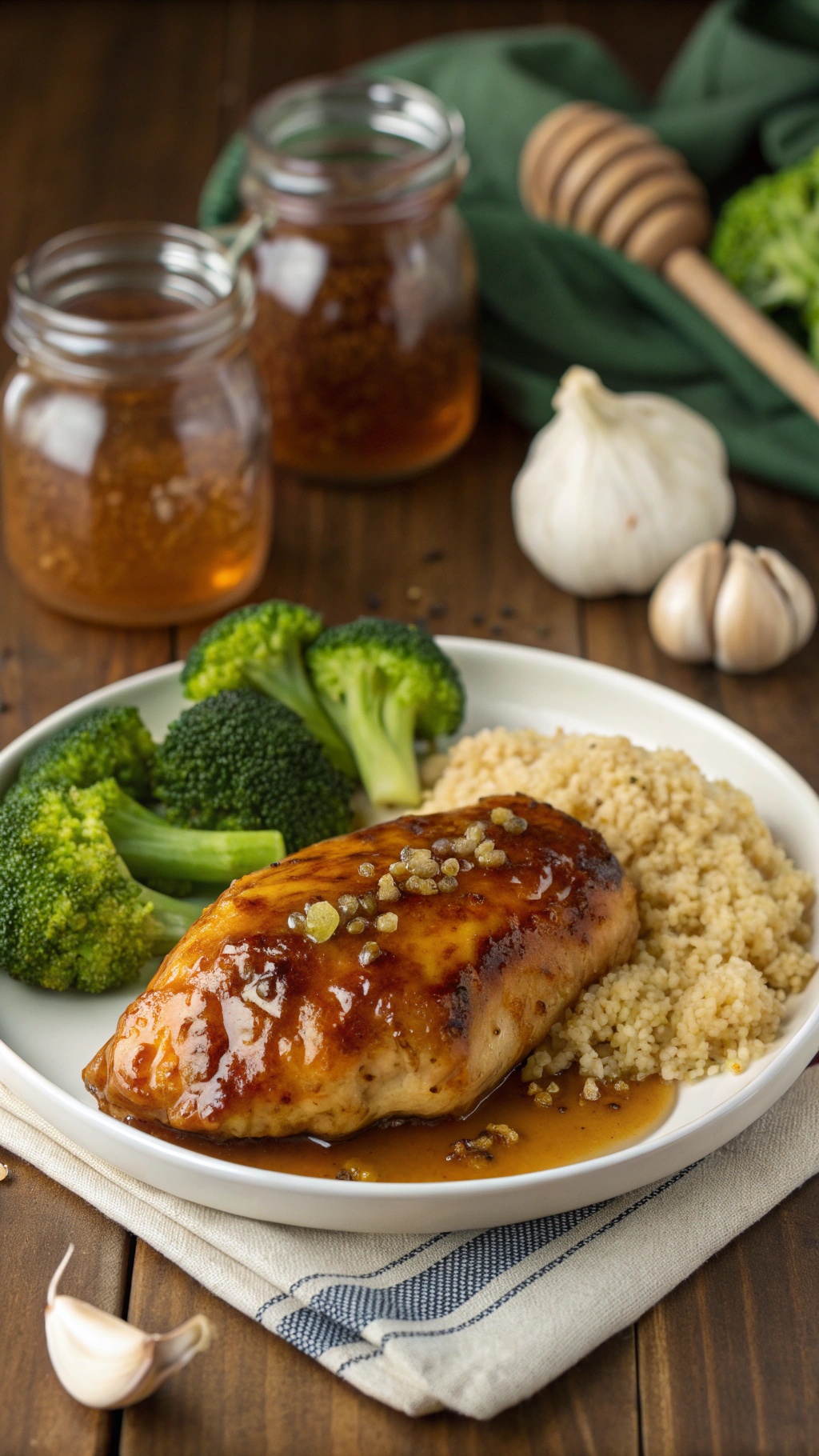 Honey garlic baked chicken breast served with broccoli and couscous
