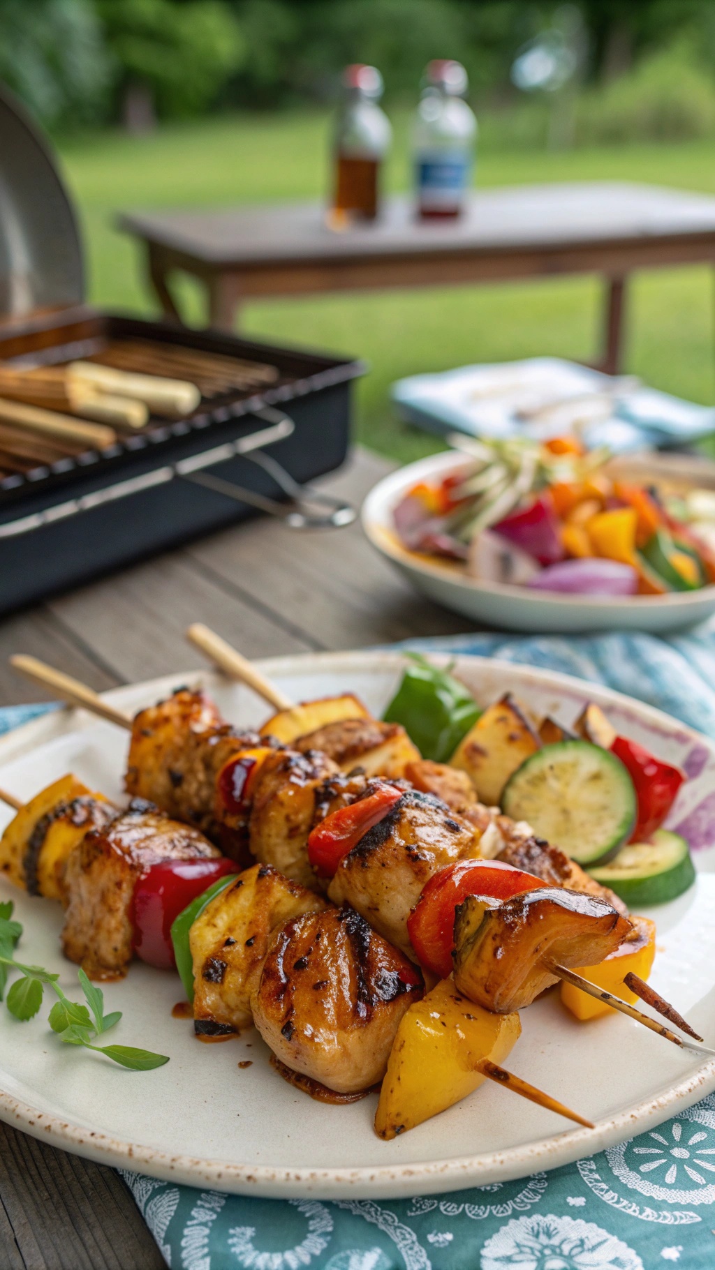 Honey Garlic Chicken Skewers with colorful vegetables and pineapple on a plate