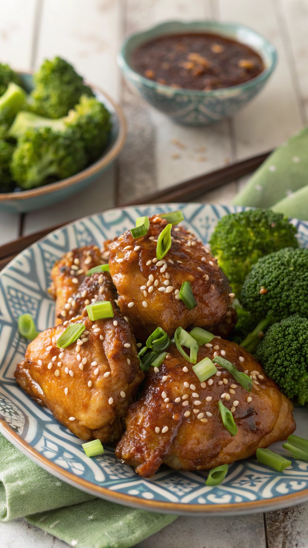 Honey garlic chicken thighs served with broccoli and garnished with sesame seeds and green onions.