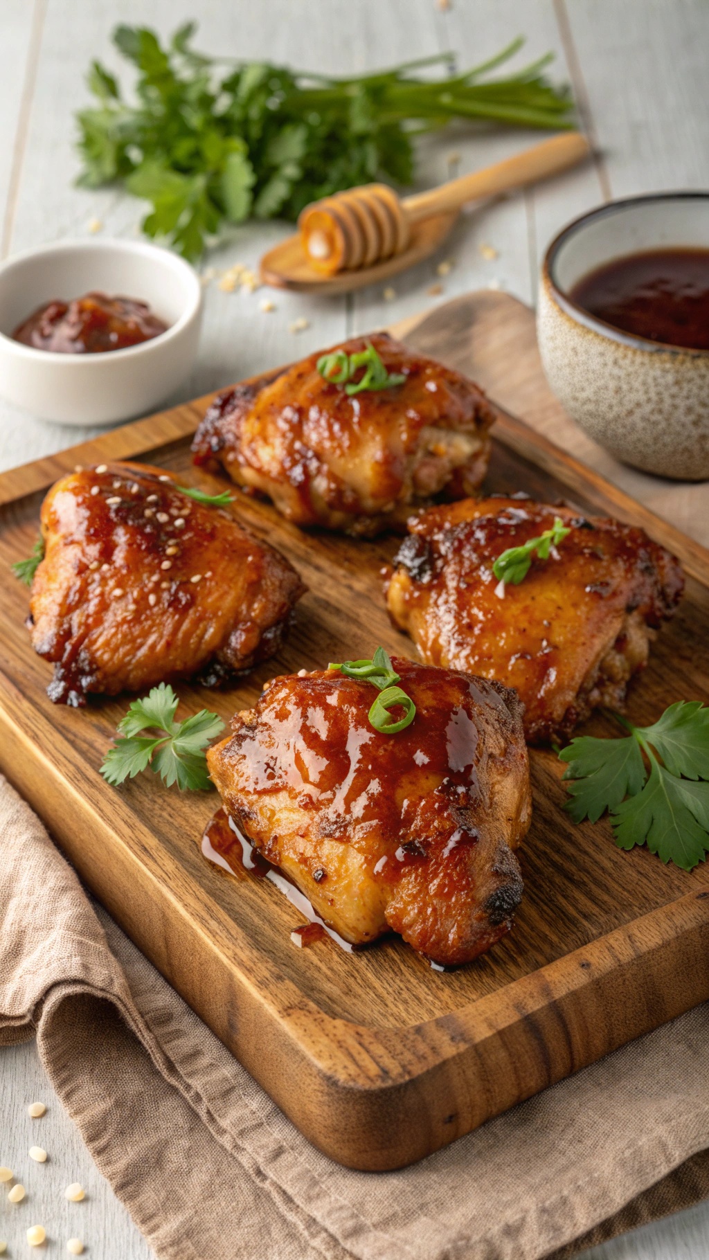 Honey garlic chicken thighs with crispy skin served on a wooden platter, garnished with green onions and cilantro.