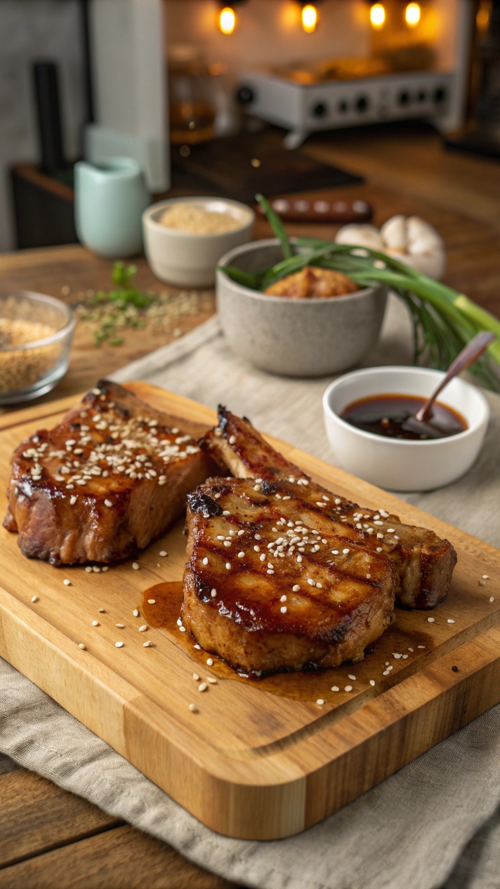 Honey garlic pork chops on a wooden board with sesame seeds and a cozy kitchen background.