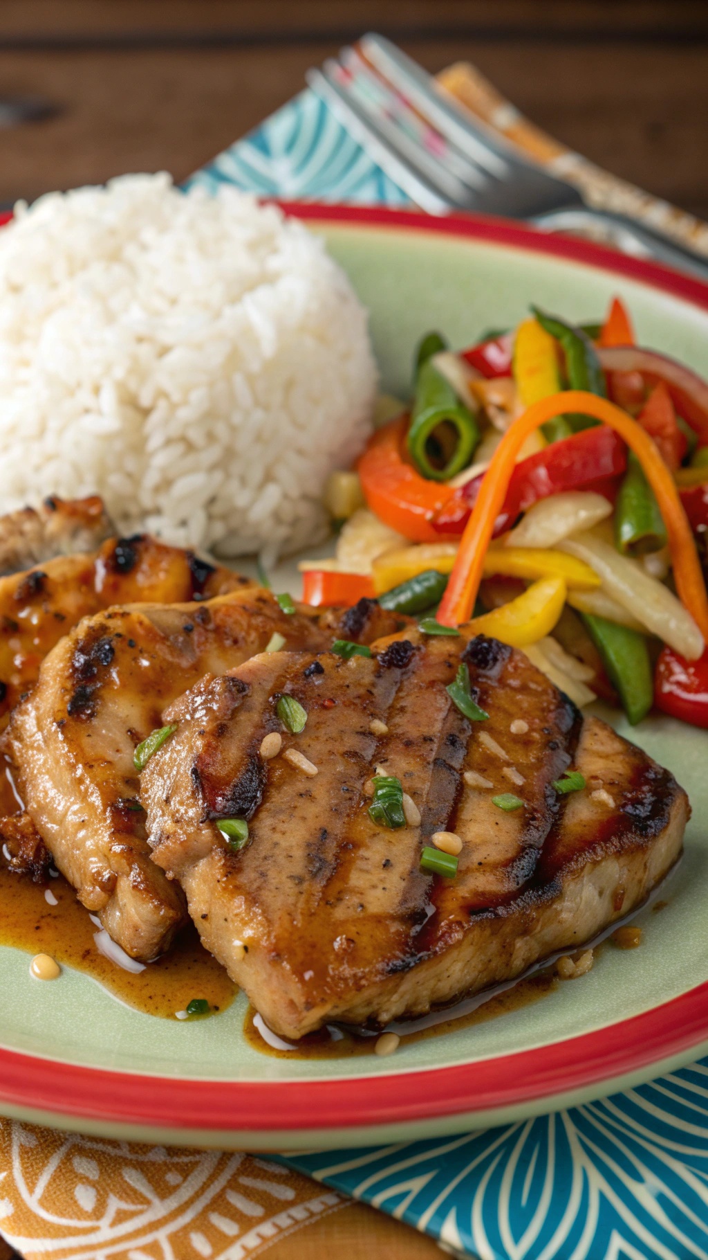 Honey garlic pork chops served with rice and stir-fried vegetables