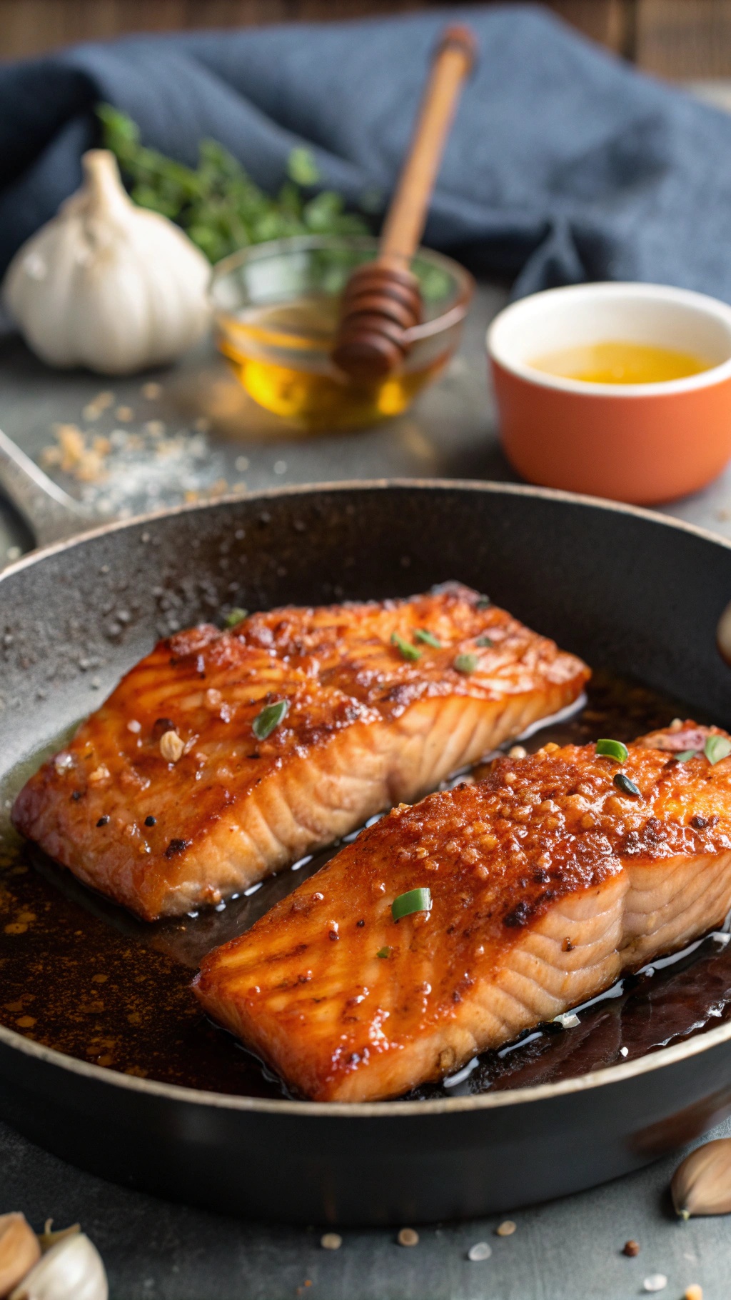 Honey garlic salmon fillets in a skillet with a flavorful glaze