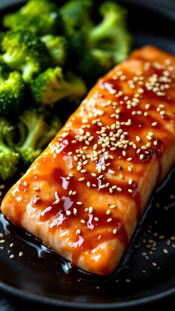 A plate of honey garlic salmon with broccoli, garnished with sesame seeds.