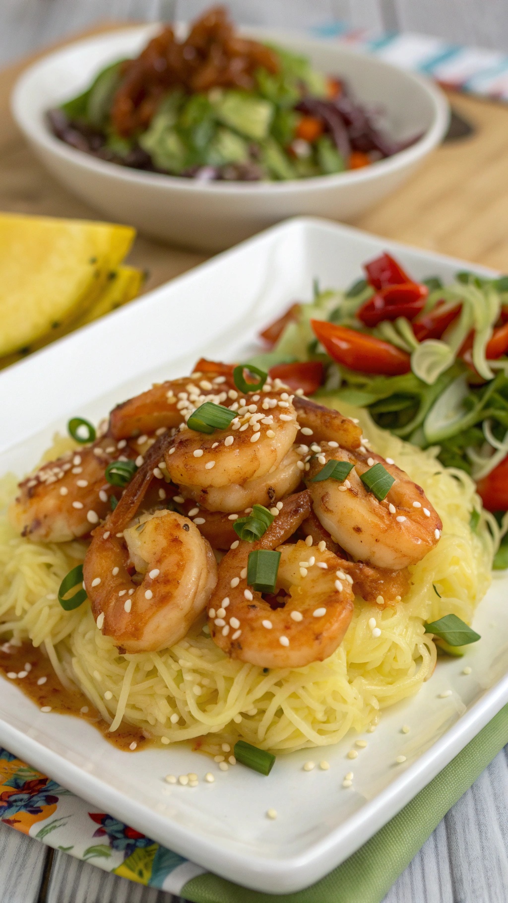 A plate of honey garlic shrimp served over spaghetti squash, garnished with green onions and sesame seeds, with a side salad in the background.