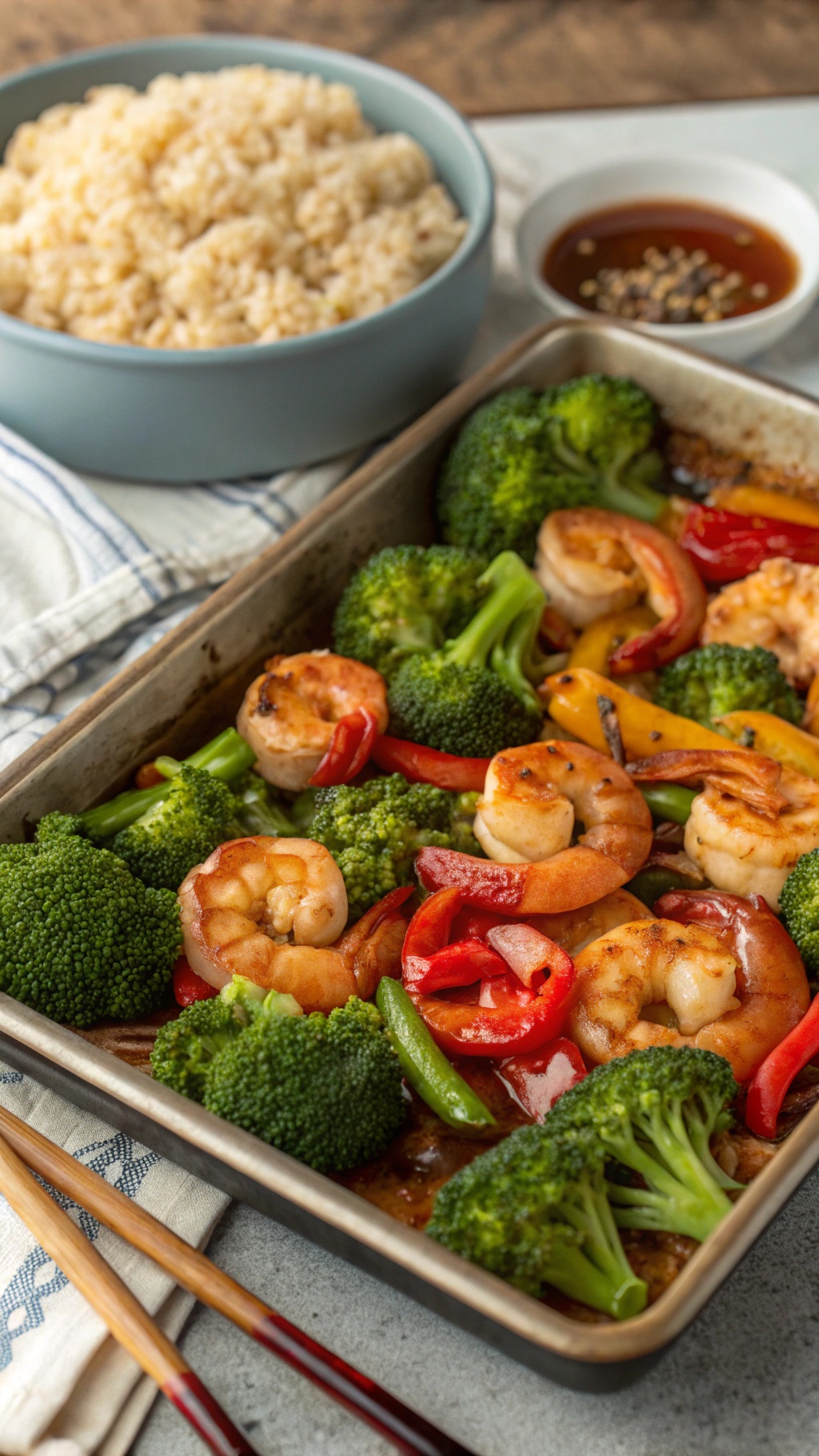 A delicious sheet pan dinner featuring honey garlic shrimp with broccoli and colorful bell peppers, served with rice.