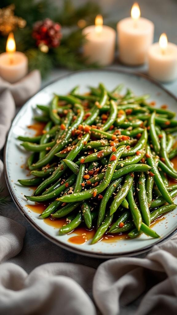 A platter of honey glazed green beans garnished with sesame seeds, set against a backdrop of candles and holiday decor.