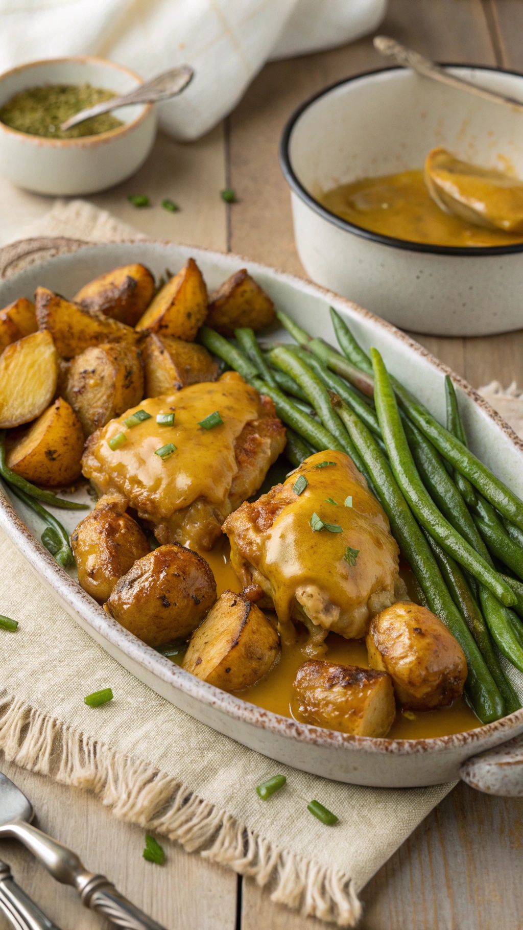 A delicious plate of honey mustard chicken with roasted potatoes and green beans.