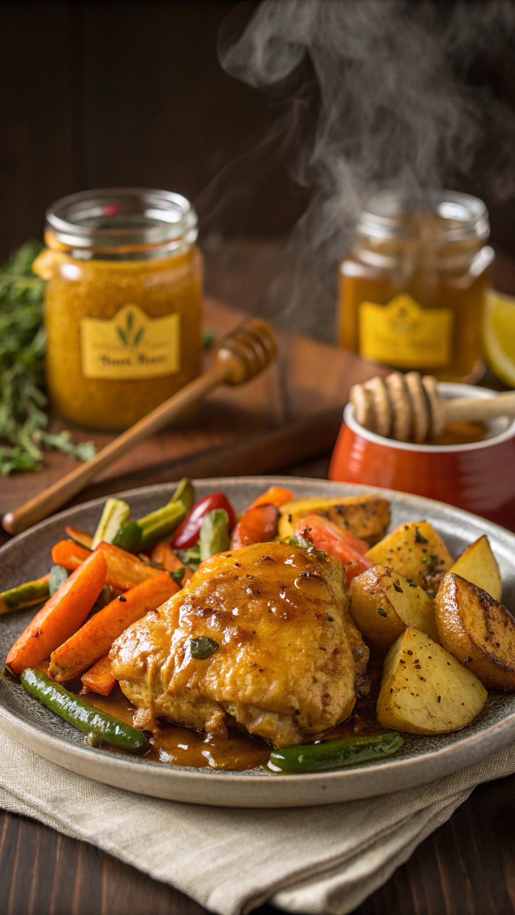 A plate of honey mustard chicken with colorful vegetables and potatoes, garnished with herbs.