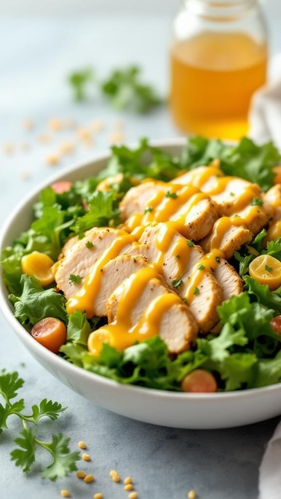 A bowl of honey mustard chicken salad with sliced chicken, greens, cheese, and cherry tomatoes.
