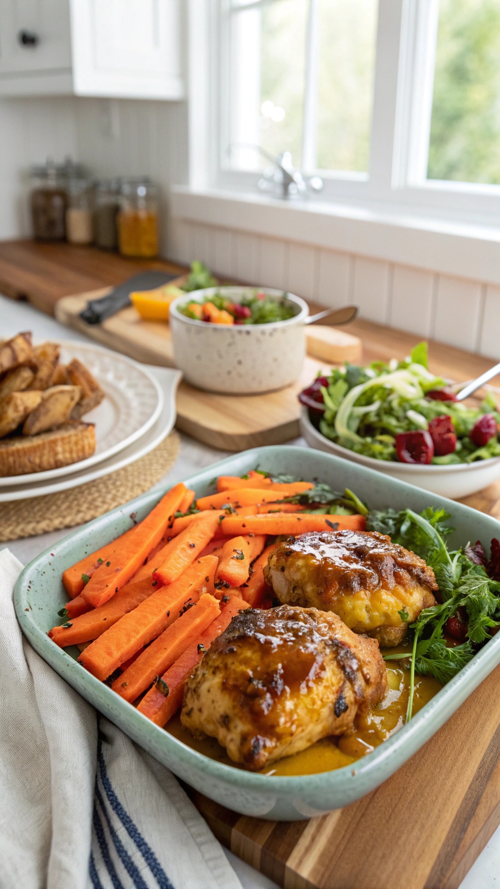 Honey mustard chicken thighs served with carrots and a fresh salad.