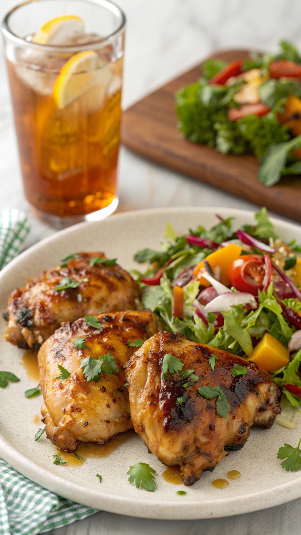 Honey mustard chicken thighs served with a salad and a drink