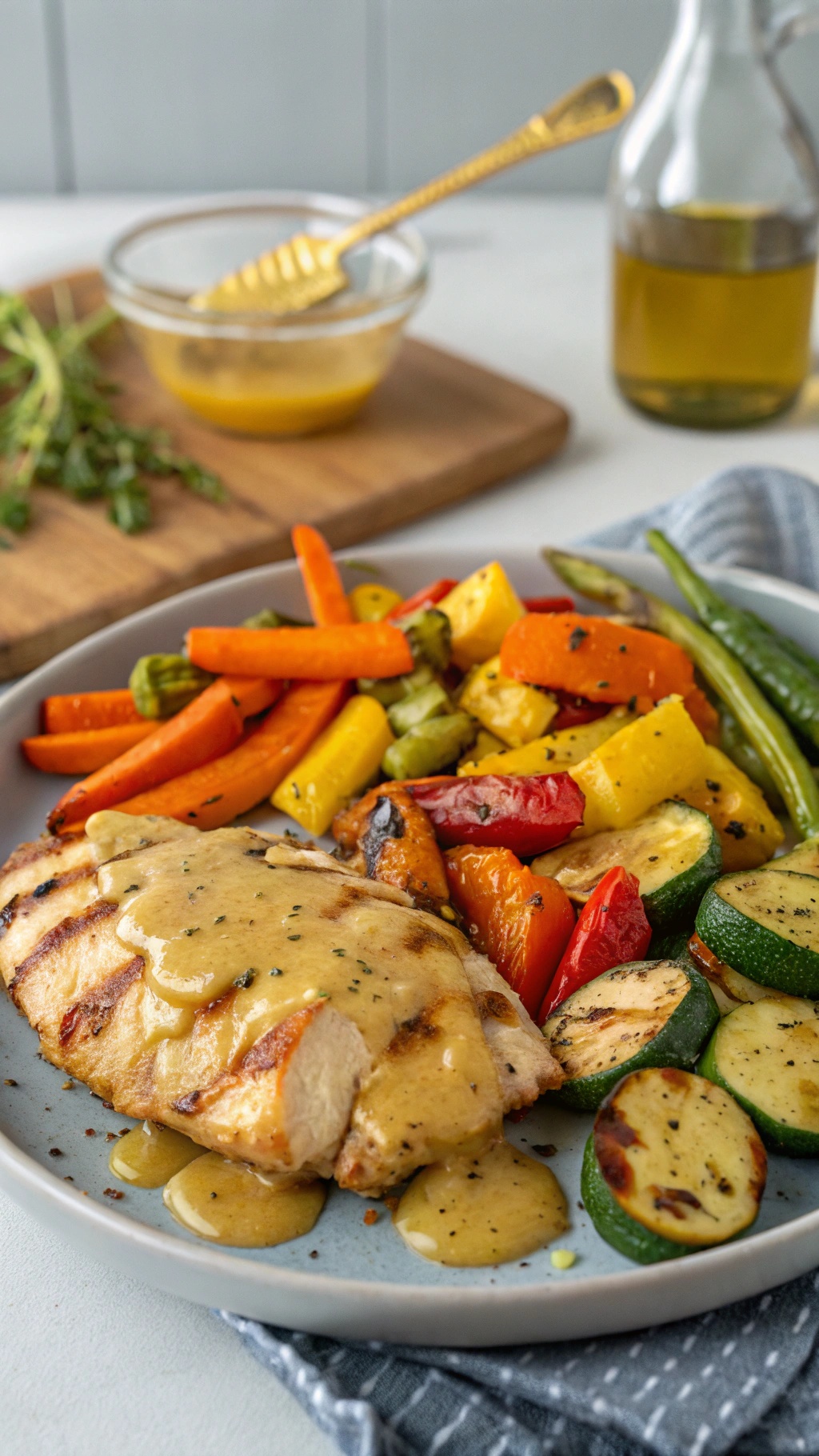 A plate of honey mustard chicken with roasted vegetables, featuring colorful carrots, zucchini, and bell peppers.