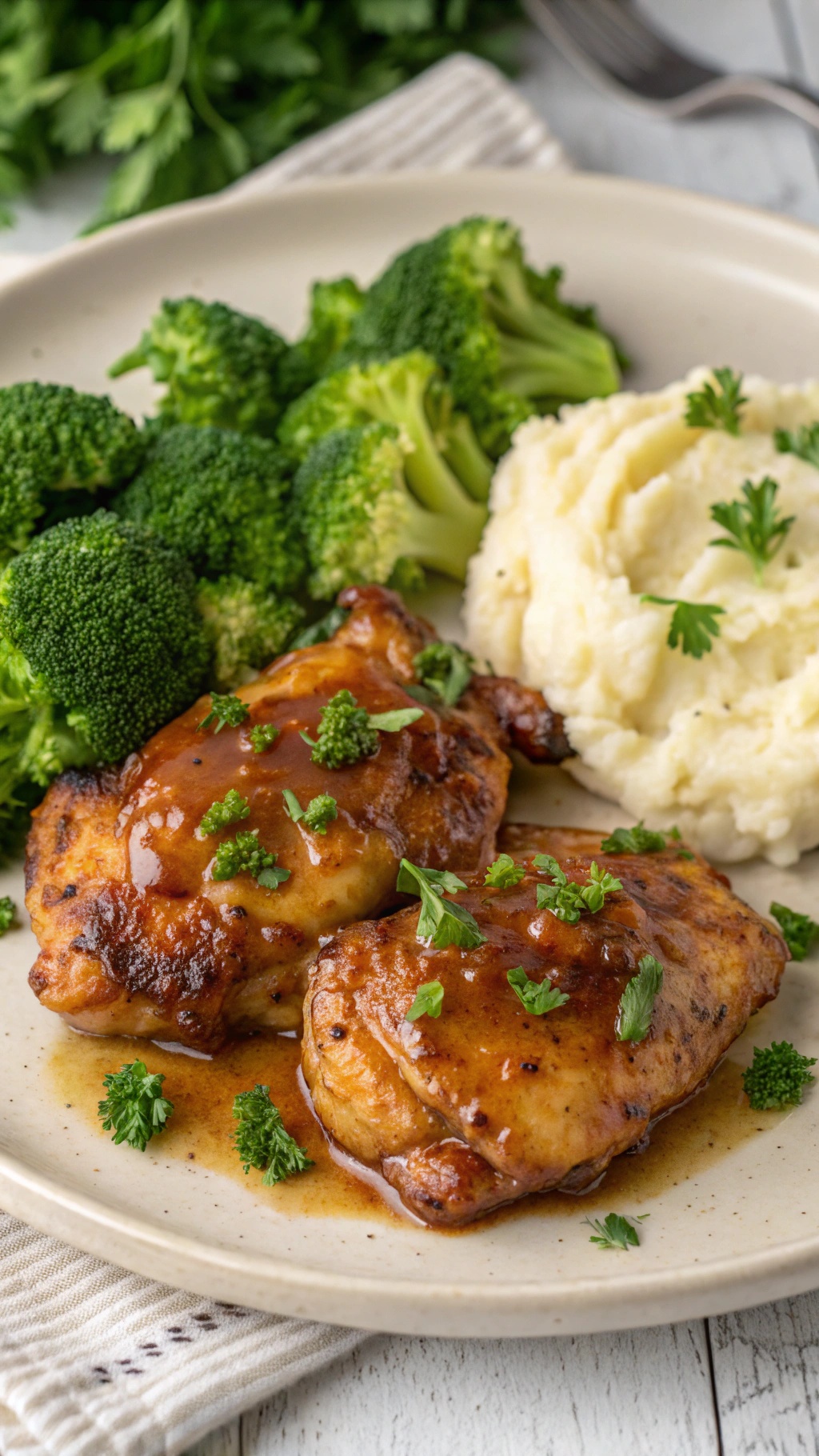 Honey mustard glazed chicken thighs served with broccoli and mashed potatoes.