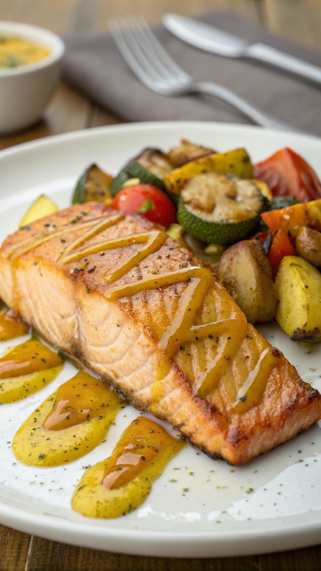 Honey mustard glazed salmon served with roasted vegetables