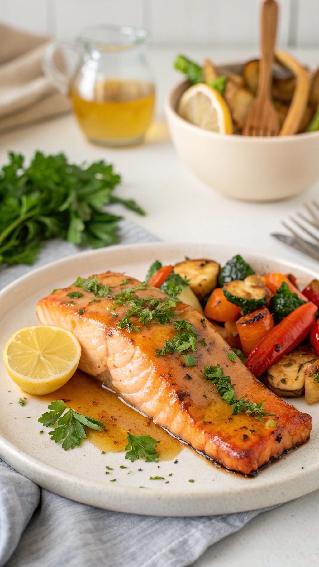 Honey mustard glazed salmon served with roasted vegetables and lemon slices.